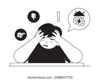 A person is depressed due to social pressure from people around him, black and white outline style, social issues vector illustration.