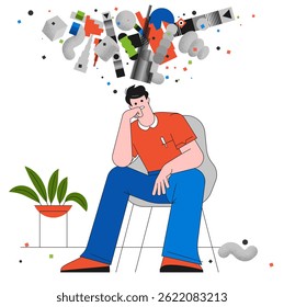 A person is depressed with a load of problems. Sad tired man in stress, overloaded with problems. Pressure of difficulties and hardships concept. Flat vector illustration.