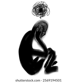 The person with depression or difficult thoughts. Abstrakt, black pencil. Doodle, hand draw. Vector, isolated with texture.   