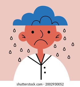 Person In Depression With Rain, Clouds. Concept Of Depression, Stress, Problems. Sad Teen Portrait. Abstract Illustration: Depressed Crying Woman Or Man. Eps Flat Vector Illustration. Mental Health
