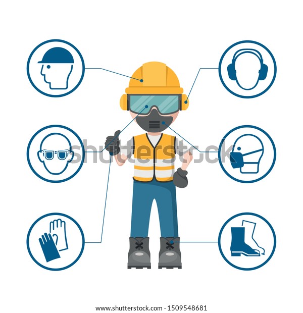 個人保護機器と工業安全アイコンを使用してデザインを行う人 のベクター画像素材 ロイヤリティフリー