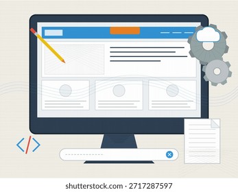 Eine Person entwirft eine Webseite auf einem Computer. Auf dem Bildschirm wird ein Layout mit Codierungssymbolen, Tools und leeren Abschnitten für den Inhalt angezeigt. Es gibt Designelemente wie Zahnräder und ein Dokument in der Nähe.
