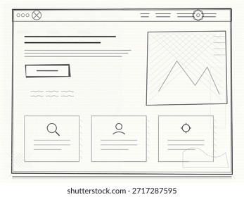 A person designs a website layout on a digital platform. The screen shows charts, a search bar, and buttons for user interaction. This work illustrates planning for online use.