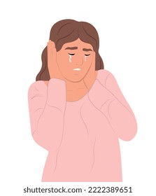 Person is in despair, grief, cries, covers his ears with his hands, does not want to hear anything, feeling negative emotions. Flat vector illustration