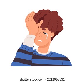 Person in despair, grief, crying, shedding tears. Young man weeping with unhappy upset face expression, desperate negative emotion. Flat graphic vector illustration isolated on white background