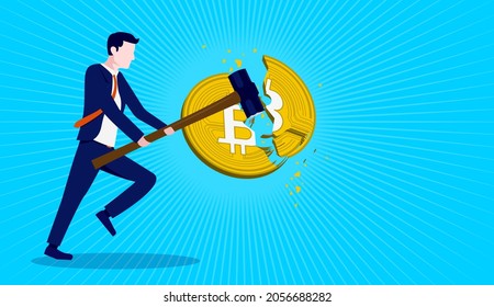 Person Destroying Bitcoin - Financial Businessman Smashing Coin With Big Sledge Hammer. Dislike Crypto Currency Concept. Vector Illustration