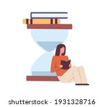Person developing skill of speed-reading. Scene with woman sitting with book near hourglasses. Colored flat vector illustration of reader with timer isolated on white background