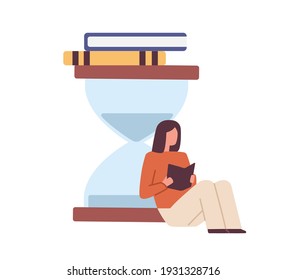 Person developing skill of speed-reading. Scene with woman sitting with book near hourglasses. Colored flat vector illustration of reader with timer isolated on white background