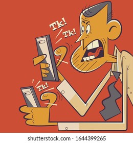 A person dials a message on two phones, chatting, he is stressed