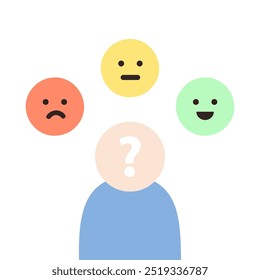 Persona con diferentes burbujas de emoji de cara. Salud mental, atención médica, psicológica, sentimiento, concepto de emoción. Ilustración de diseño de personaje de Vector plano aislado sobre fondo blanco.