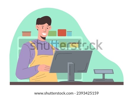 Person of different profession. Man seller at checkout. Young guy work in grocery shop or store. Graphic element for website. Cartoon flat vector illustration isolated on white background