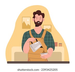 Person of different profession. Man in uniform in coffee shop. Cafe worker and barista with teapot. Preparation of hot drinks. Cartoon flat vector illustration isolated on white background