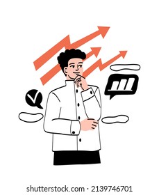 Persona con diferentes pensamientos y sentimientos. Los jóvenes emprendedores masculinos reflexivos piensan y desarrollan una estrategia de crecimiento profesional. Un empresario exitoso. Dibujo vectorial plano de caricatura en estilo doodle