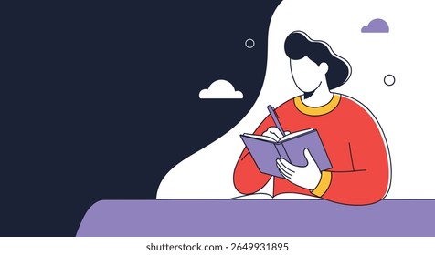 A person diligently writes in a notebook on a desk with a dark background and abstract shapes