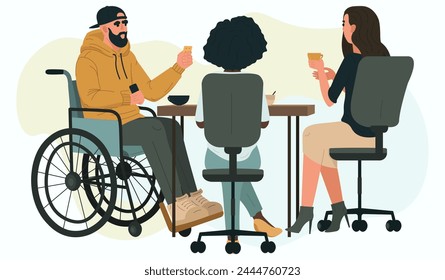 A person with disabilities and colleagues drink tea, coffee at table.
A bearded character in a cap and his coworkers in their spare time together. Vector illustration in minimalist style.