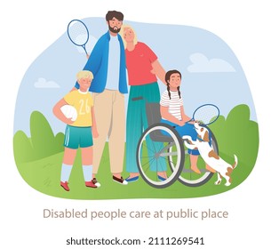 Person with disabilities in public place. Happy family with mom, dad, son and daughter in wheelchair playing tennis in nature. Barrier free society. Cartoon contemporary flat vector illustration