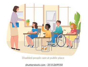 Person with disabilities in public place. Little boy in wheelchair sitting in classroom and studying at junior school. Opportunities in society without barriers. Cartoon flat vector illustration