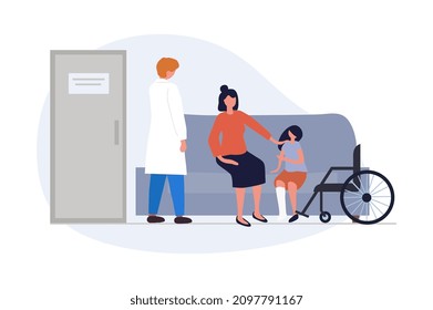 Person with disabilities in society concept. Mother sitting with her daughter in hospital and waiting for doctor. Girl with cast on broken leg. Child in wheelchair. Cartoon flat vector illustration