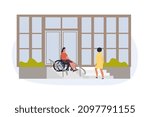 Person with disabilities in society concept. Young woman in wheelchair descends on ramp from building. Equal environment for people with different physical abilities. Cartoon flat vector illustration