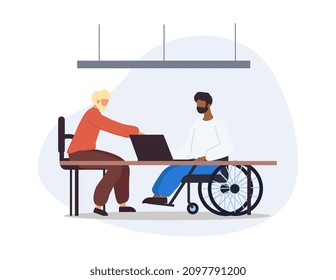 Person with disabilities in society concept. Young man in wheelchair sitting at table with colleague and working on laptop. Equal rights and socialization. Cartoon modern flat vector illustration