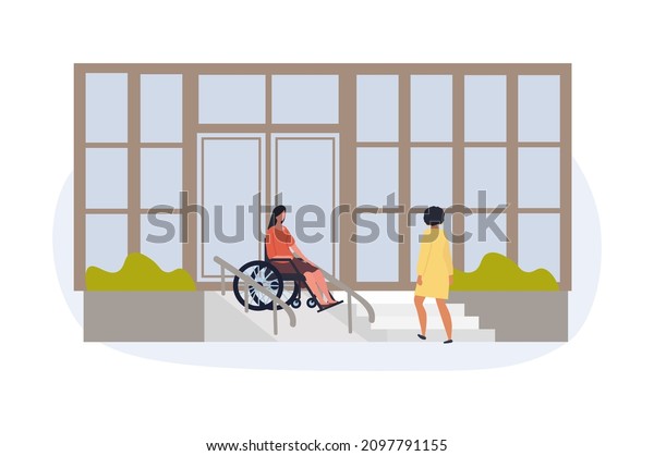 Person with disabilities in society concept.\
Young woman in wheelchair descends on ramp from building. Equal\
environment for people with different physical abilities. Cartoon\
flat vector\
illustration