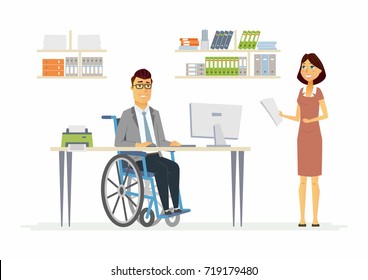 Person with disabilities at work - modern cartoon people characters illustration with a handicapped man in wheelchair and smiling woman in a comfortable office. Concept of equal rights for everyone