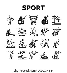 persona con una discapacidad Atlete Deportes Juego de Iconos Vector. Jugador de baloncesto y voleibol con deportista discapacitado, deportista nadando y corriendo, Juega Ilustraciones de contorno negro