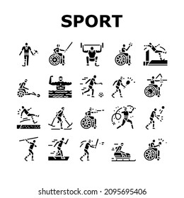 person with a disability Athlete Sport Game Icons Set Vector. Basketball And Volleyball Playing person with a disability Athlete, Sportsman, Play Tennis And Soccer Glyph Pictograms Black Illustrations