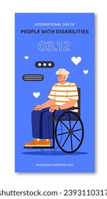 Person with disability poster. Man sitting at wheelchair. Heath care and treatment. Patient with injury. Template and layout. Cartoon flat vector illustration isolated on white background