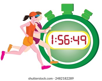 A person with a disability runs a marathon with a guide runner.The time is measured with a stopwatch.