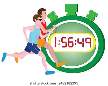 A person with a disability runs a marathon with a guide runner.The time is measured with a stopwatch.