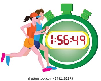 A person with a disability runs a marathon with a guide runner.The time is measured with a stopwatch.