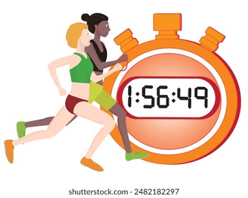 A person with a disability runs a marathon with a guide runner.The time is measured with a stopwatch.