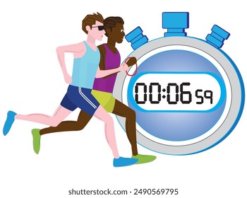 A person with a disability runs a marathon with a guide runner.The time is measured with a stopwatch.