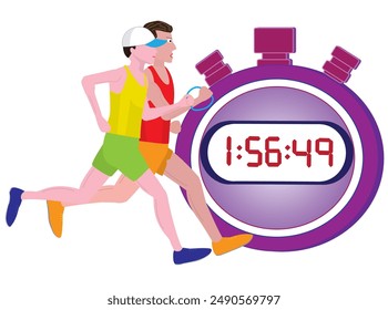 A person with a disability runs a marathon with a guide runner.The time is measured with a stopwatch.