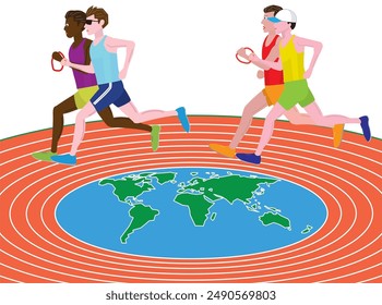 A person with a disability runs a marathon with a guide runner.
