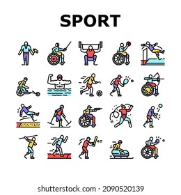 person with a disability Sport Game Icons Set Vector. Basketball And Volleyball Playing person with a disability Athlete, Sportsman Swimming And Running, Play Tennis Soccer Line. Color Illustrations