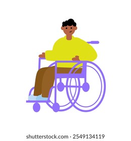 Pessoa com deficiência, uma pessoa em cadeira de rodas, um homem com deficiência. Ilustração simples de cor plana do vetor.
