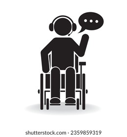 Person mit einer Behinderung oder Rollstuhlfahrer Anruf-Zentrum Arbeitnehmer Front View Symbol flach Stil Vektorpfeifen Zeichen, Logo-Piktogramm und Symbole zugänglich Design.