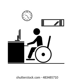 Person with a disability or wheelchair user employees working in office. Workplace for disability job vector flat style.