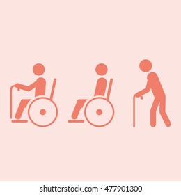 Person with a disability and wheelchair user icon flat style character for info graphics design.