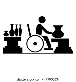 Person with a disability or Wheelchair user working with sculpture craft. Job for person who uses a wheelchair vector flat icon style.
