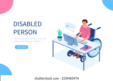 Person with disability in wheelchair working at computer desk in office. Character at workplace. Flat isometric vector illustration.

