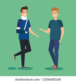 person and disabled man with hand fracture