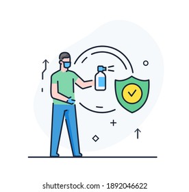 person is disinfecting with an antiseptic illustration. Quarantine, virus, protection, medicine. Landing page site print poster Eps vector