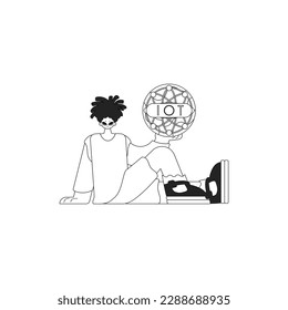 Persona que muestra un logotipo de IoT en una ilustración de línea vectorial