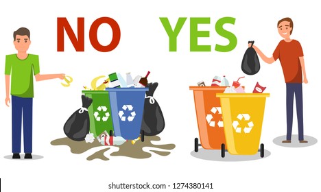 Person disposed improperly throwing away garbage on the floor. Correct and wrong behavior of littering waste.Littering garbage. Littering trash. Rubbish on the ground. Vector illustration.