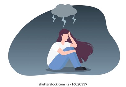 Una persona con una postura angustiada, bajo una nube de tormenta, que simboliza la agitación emocional, que representa sentimientos de tristeza, ansiedad o tensión mental.