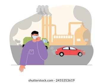 A person is disturbed by the amount of smoke from vehicles and factories, vector illustration.