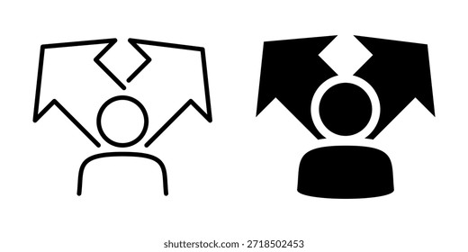 Person with diverging arrows symbolizing decision making in outline and solid styles